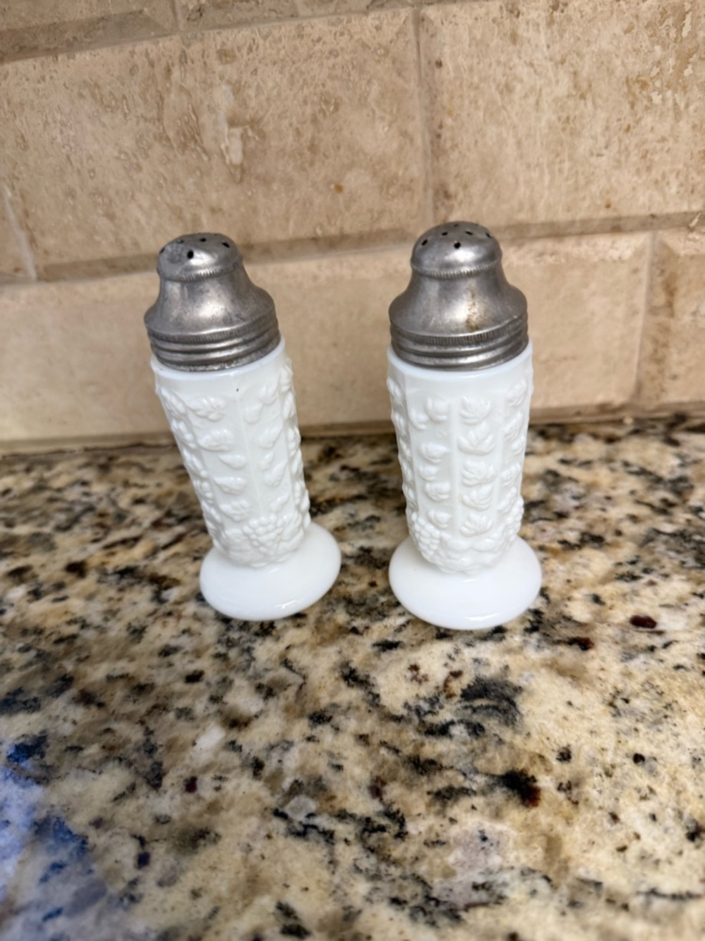 Vintage Milk Glass Salt and Pepper Shakers - White with Silver Tops